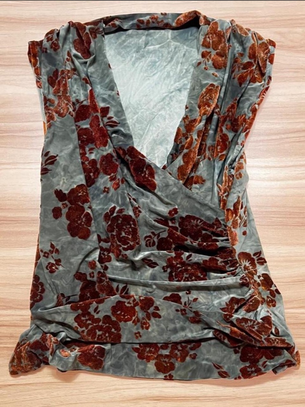 Sage Green Velvet Burnout Floral Cowl Neck Y2K Top XL